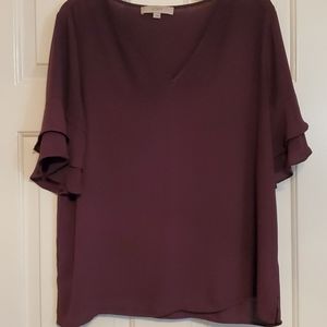 LOFT Plum V-Neck Ruffle Sleeve Blouse